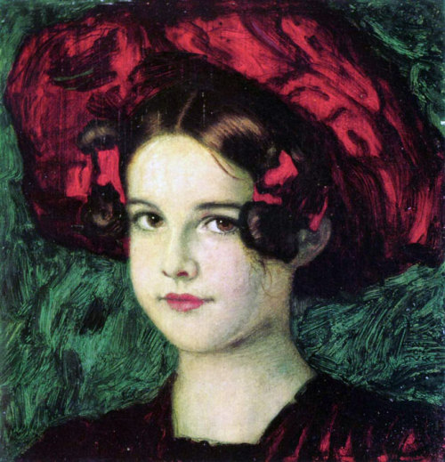 Ressam : Franz Stuck (1863-1928)
Resmin Adi : Mary with a red Hat (1902)
Nerede : Özel Koleksiyon
Boyutu : 31 cm x 29 cm
Franz Stuck gibi çizgisi çok belli bir ustayı bile ara sıra yoldan çıkaran, Frida'nınkiler gibi capcanlı resimler yapmaya iten bir şeyler olabilir, mesela çok sevdiği ailesi. Resimlerinde, izlenimcilik, kübizm ya da sembolizm gibi gerçekçilik içermeyen akımlar üzerinde çalışmış ressamların, aslında gerçekçi resim çizmede de ne kadar başarılı olduklarını, sadece tercih etmediklerini bize hatırlatmaları çok hoşuma gidiyor. Stuck’ın hayatını “The Guardians of Paradise” resmi eşliğinde 27 Mayıs‘ta anlatmıştım. 26 Ağustos‘ta “The Sin”, 10 Kasım&lsquo;da ise &ldquo;Salome&quot; resimlerine yer vermiştim. Hatırlamak isterseniz tarih linklerine tıklayın.