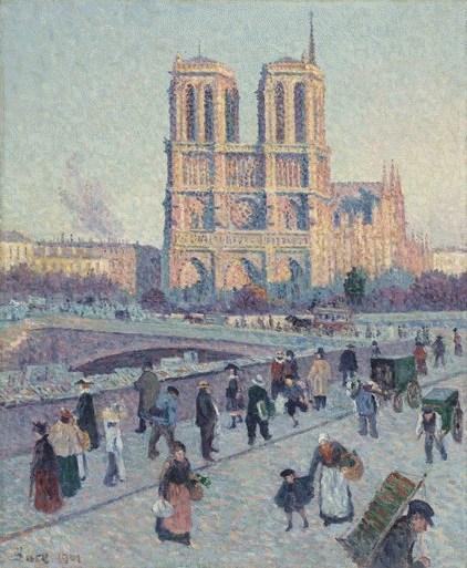 Ressam  :  Maximilien Luce (1858-1941)
Resim  :  The Quai Saint-Michel and Notre-Dame (1901)
Nerede  : Orsay, Paris, Fransa
Boyutu  : 73 cm x 60 cm
Neo-impressionistlerin anarşisti Luce'den bir Paris manzarası daha. Hem de Saint-Michel'den bakışla Notre-Dame. Luce, anarşik eyemlerinin sebep olduğu davalarla uğraşmazken, böyle muhteşem resimler yapıyordu. Kimi zaman kendini bir birey olarak rahatsız hissettiği toplumsal sorunları resimlerine yansıttı, kimi zaman da bir neo-impressionist olarak karşı koyamayacağı Paris'in güzelliklerini resimlerine taşıdı. Luce'nin hayatını 11 Mayıs&lsquo;ta A street in Paris in May 1871 resmi eşliğinde anltmıştım. Bu resim Luce'nin ruhunu en iyi anlatan ve onu tüm diğer ressamlardan ayıran en önemli eseri bence. 23 Ağustos'ta ise yine Paris'in güzelliğine ve canlılığına karşı koyamadığı bir başka resmi &ldquo;La Gare de l’Est sous la neige&quot;a yer vermiştim. Hatırlamak isterseniz tarih linklerine tıklayın. 