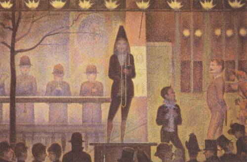Ressam : Georges-Pierre Seurat (1859-1891)
Resmin Adi : Circus Sideshow - Parade de Cirque  (1887-88)
Nerede : Metropolitan, New York, ABD
Boyutu : 99,7 cm x 149,9 cm
Seurat, Paris'in banliyö kesiminde kurulan bu gezici sirkten çok etkilenmiş. Hemen hazırlıklarını yapıp, bu sirki nasıl resmedeceğini planlamış, ideal komposizyonu defalarca çalışmış. Bana göre şaheserlerini çok daha önce tamamlamıştı. Ancak onun için bu resmin önemi başka. Bu resim Seurat'a Bağımsızlar Salon'unda sergilenme hakkı getirince, geliştirdiği neo-impressionism tekniğini daha büyük kitlelerle tanıştırma fırsatı bulmuştu. Ne acıdır ki Seurat, impressionism defterini kapatıp yepyeni bir akıma insanları alıştırmaya daha yeni başlamışken sadece 32 yaşında vefat etmişti. Malum Seurat'ın henüz ısınma turlarındayken yaptıkları bile bugün birer şaheser olarak anılıyor. Belki bu bilgisayar ekranında, bu resimlerin birer şahaser olduğu hissi geçmiyordur ama sizi temin ederim, Bathers at Asnieres resmini ilk gördüğümde karşısında çakılıp kalmıştım. Bunu bilen müze yönetimi 2 x 3 metre büyüklüğündeki resmin karşısında kocaman bir koltuk koymuş zaten, gören oturup kalıyor karşısında. Yeni teknik geliştiren, yeni akımlara yol açan her ressama saygımız sonsuz. 26 Şubat&lsquo;ta bahsettiğim Bathers at Asnieres resminden bahsetmiştim. 2 Haziran'da ise bir diğer şaheseri &ldquo;A Sunday Afternoon on the Island of La Grande Jatte&rdquo; resmine yer vermiştim. Hatırlamak isterseniz tarih linklerine tıklayın.
