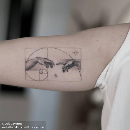By Luis Cavanna, done in Madrid. http://ttoo.co/p/35053 anatomy;art;classical;europe;facebook;golden spiral;hand;inner arm;italy;location;luiscavanna;mathematical;medium size;michelangelo;patriotic;renaissance;single needle;of sacred geometry shapes;the creation of adam;twitter