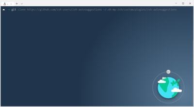 The terminal showing zsh autosuggestions auto completing a git clone command
