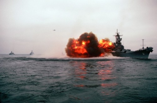 bmashine:American battleship USS Iowa (BB 61) during firing main...