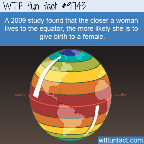 Amazing Random Fact: A 2009 study found that the closer a woman lives to the equator, the more likely she is to give birth to a female.