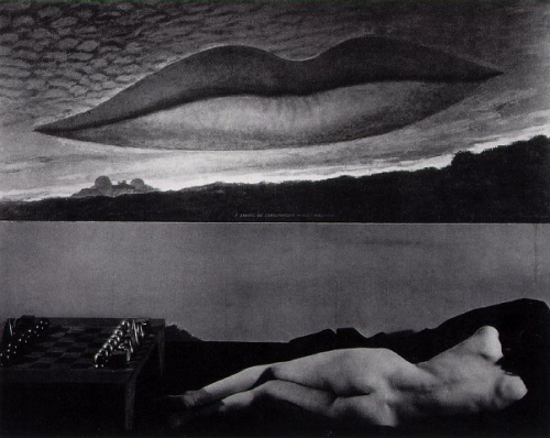 Man Ray Observatory Time – The Lovers 1936“I meet you in the even light and empty space, and, my only reality, kiss you” Man R…
