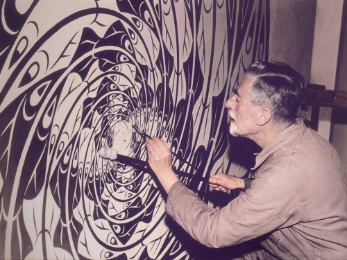 painters-in-color:M.C. Escher working on a mural in Utrecht,...