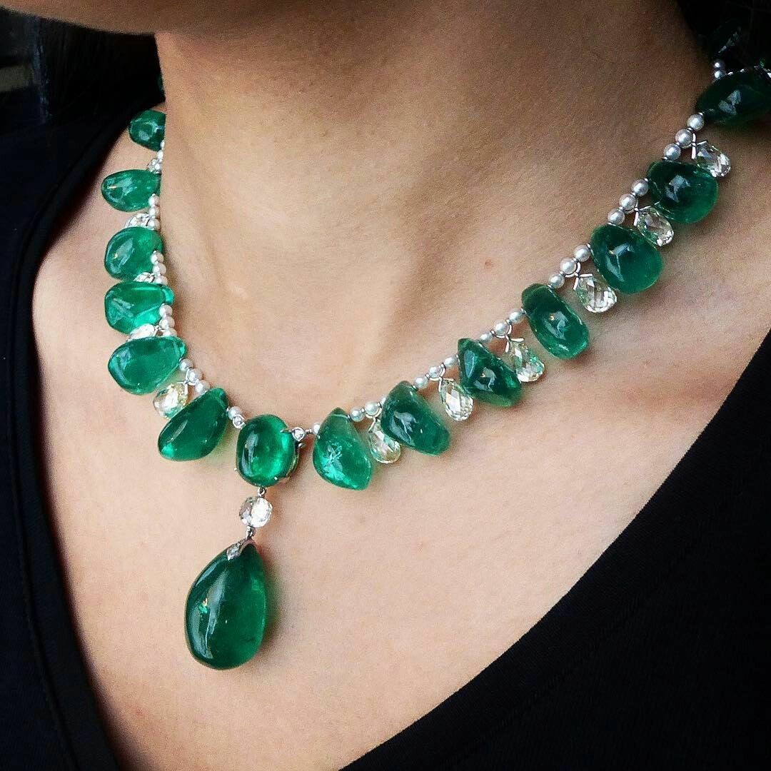 Gemville — Emerald Bead Drop Briolette-Cut Diamond and Seed...
