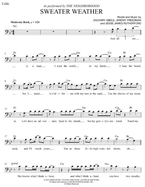 Cello Sheet Music - Sweater Weather by The Neighborhood, arranged for...