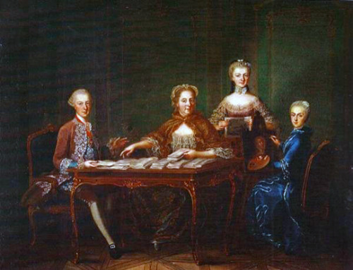 A portrait attributed to Martin van Meytens of Maria Theresa with archduchess Maria Christine, Joseph II and his wife Isabella of Parma. Circa 1763.