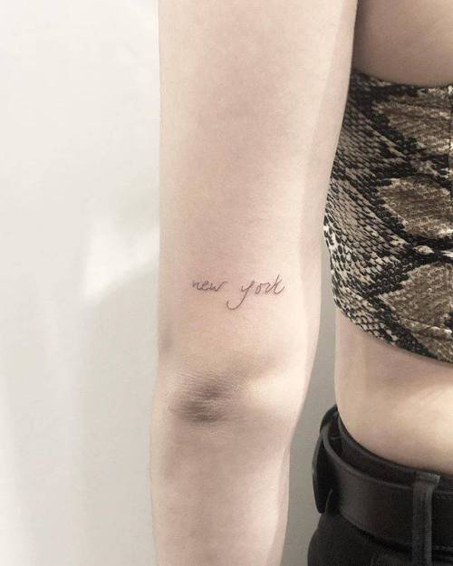 By MJ, done at Bedford Tattoo, Brooklyn. http://ttoo.co/p/35743 mj;small;line art;tricep;tiny;travel;new york city;ifttt;little;location;name;minimalist;new york;fine line