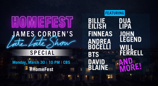 200326 The Late Late Show’s Tweet This coming Monday, we're bringing people together to keep them apart. HomeFest: @JKCorden ’s...