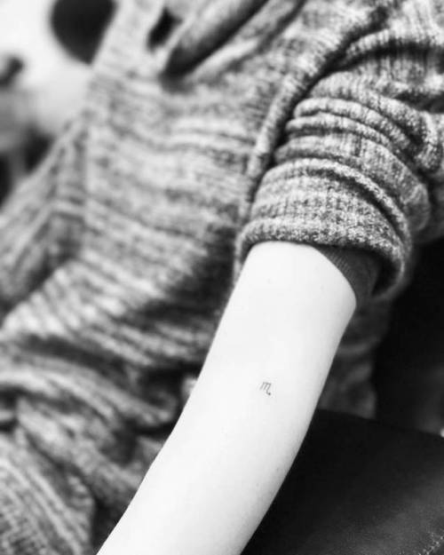 By Wicky Nicky, done at Moon Sheen Tattoo, Manhattan.... small;zodiac symbol;micro;symbols;wickynicky;tiny;scorpio symbol;ifttt;little;astrology;minimalist;inner forearm