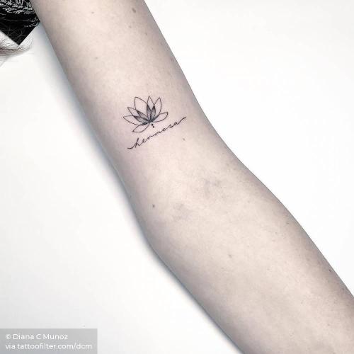 Tattoo tagged with: bicep, dcm, facebook, fine line, flower, hermosa,  hindu, languages, line art, lotus flower, minimalist, nature, religious,  small, spanish, spanish word, twitter, word 