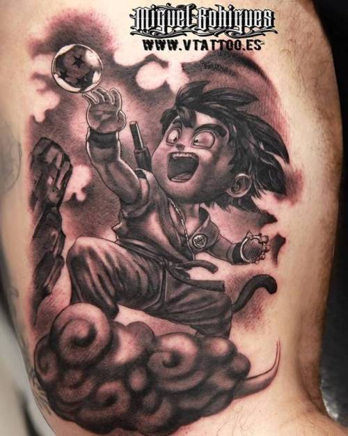 By Miguel Bohigues, done at V Tattoo, Aldaia.... dragon ball z;dragon ball characters;black and grey;cartoon character;fictional character;son goku;big;tv series;thigh;facebook;twitter;miguelbohigues