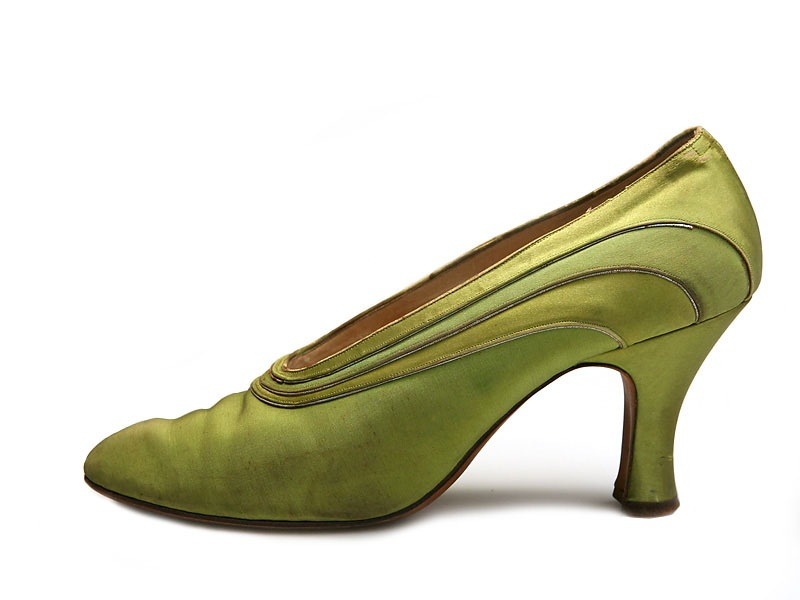 Green satin shoes decorated with silver leather... | THE VINTAGE THIMBLE