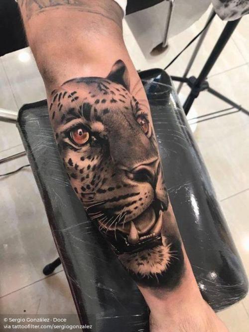 Tattoo tagged with: black and grey, feline, big, animal, facebook, realistic, forearm, twitter, leopard, portrait, sergiogonzalez