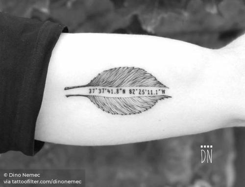 By Dino Nemec, done at Lone Wolf Private Tattooing Studio,... dinonemec;small;inner arm;leaf;coordinates;travel;facebook;nature;twitter;frank n furter;illustrative