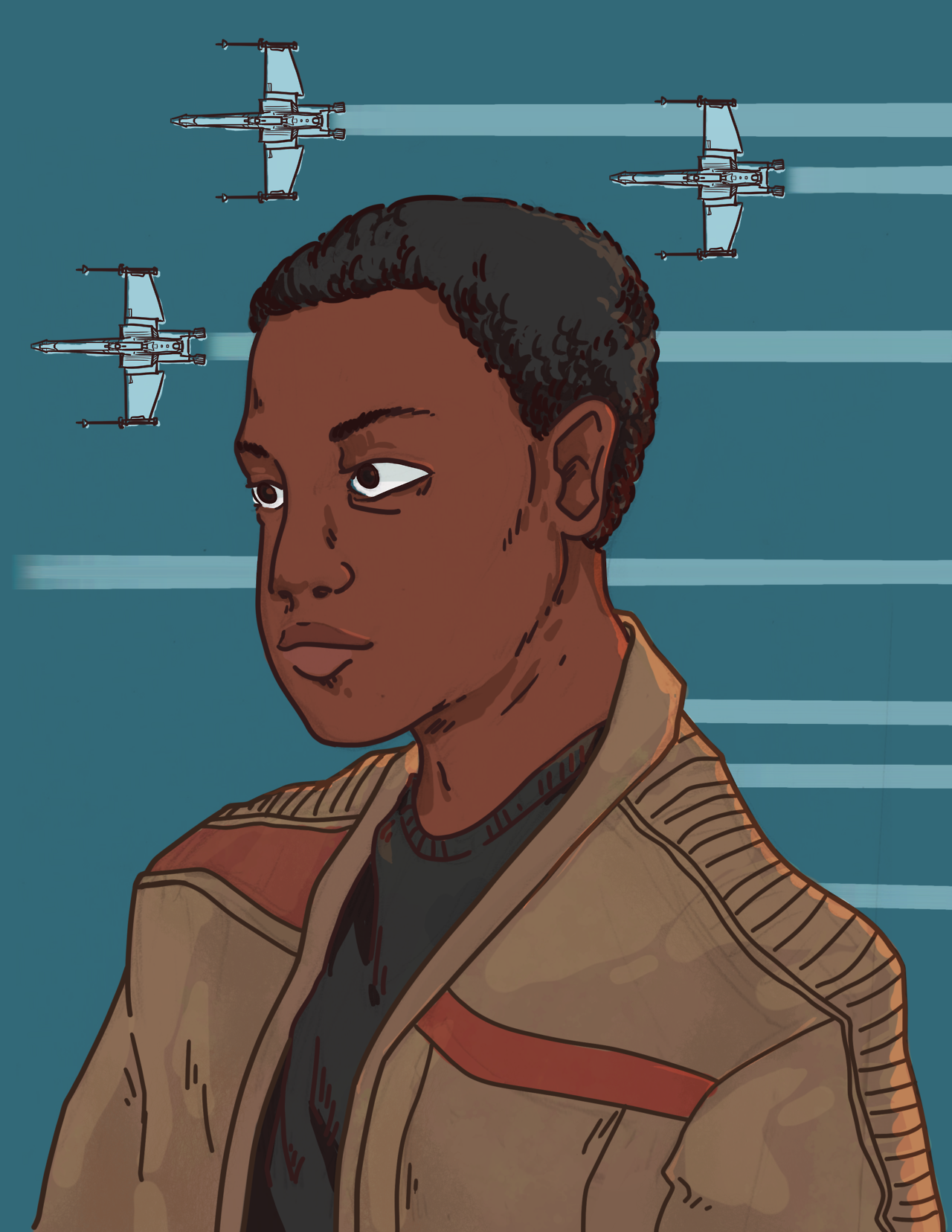 A portrait of John Boyega as Finn. He looks left out of frame. 3 X-wings fly to the left behind him.