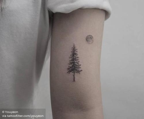 By Youyeon, done at Studio by Sol, Seoul.... youyeon;tree;small;astronomy;single needle;bicep;tiny;pine tree;ifttt;little;nature;full moon;moon