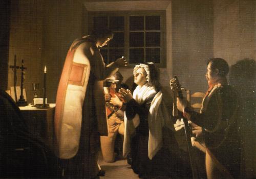 The last Communion of Marie Antoinette in prison by Michel-Martin Drolling, hanging in the Expiatory Chapel for Marie-Antoinette at the Conciergerie in Paris.
source: nobility.org