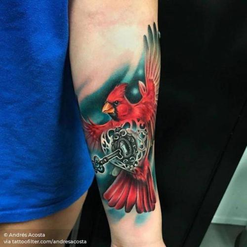 By Andrés Acosta, done at Faces in the Dark, Kyle.... surrealist;andresacosta;lock;big;cardinal;animal;bird;love;facebook;realistic;twitter;inner forearm