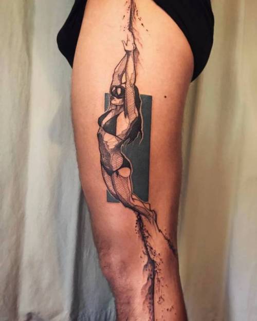 By L'oiseau · Franck Soler, done at Faubourg Tattoo Club,... sketch work;leg;big;swimmer;thigh;facebook;twitter;profession;sport;loiseau