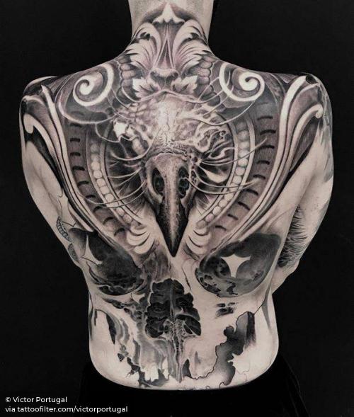 By Victor Portugal, done at Victor Portugal Tattoo Studio,... anatomy;animal;backpiece;big;bird;black and grey;eagle;facebook;human skull;skull;surrealist;twitter;victorportugal