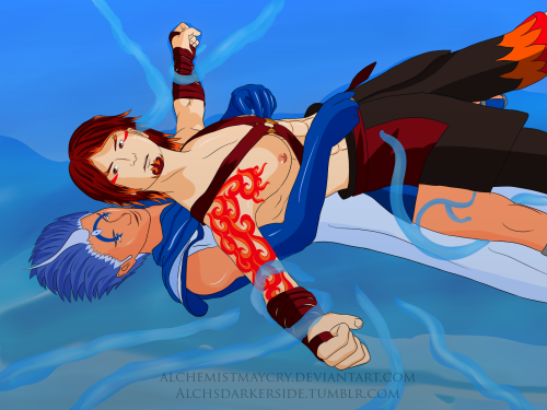 alchsdarkerside:My OCs Zedran (red hair with tattoos) and...