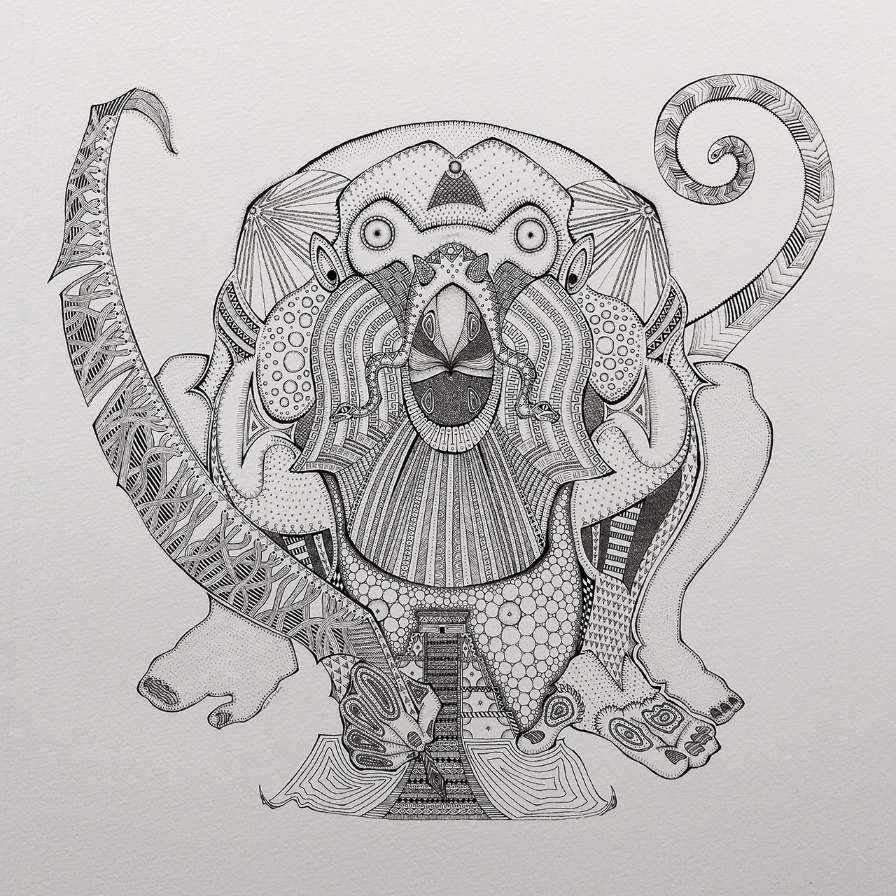 Hun-Batz, the howler monkey god, was a major deity of the arts—including music—and a patron of the artisans, especially of the scribes and sculptors in the Mayan mytholopgy. Ink on paper, 40 x 40 cm Instagram:...