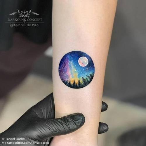 Tattoo tagged with: aurora, geometric shape, small, circle, watercolor, tanseldarko, facebook, nature, twitter, forest, inner forearm