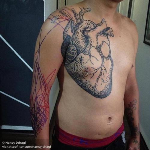 By Nancy Jehagi, done in Mexico City. http://ttoo.co/p/28170 anatomy;heart;dotwork;arm;nancyjehagi;big;chest;contemporary;love;facebook;twitter;anatomical heart