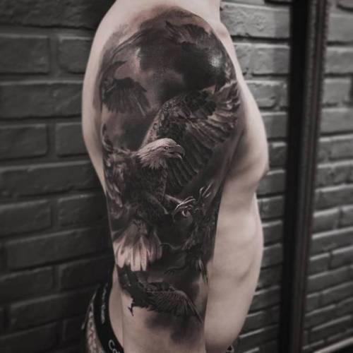 By JeongHwi · Coldgray, done at Cold Gray Tattoo, Seoul.... black and grey;big;animal;half sleeve;jeonghwi;eagle;bird;facebook;twitter;raven;upper arm