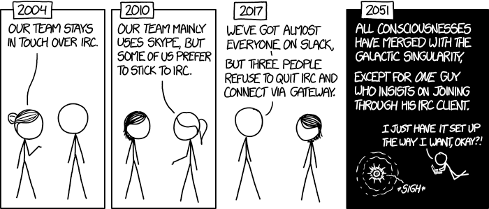 2078: He announces that he’s finally making the jump from screen+irssi to tmux+weechat.
xkcd: Team Chat