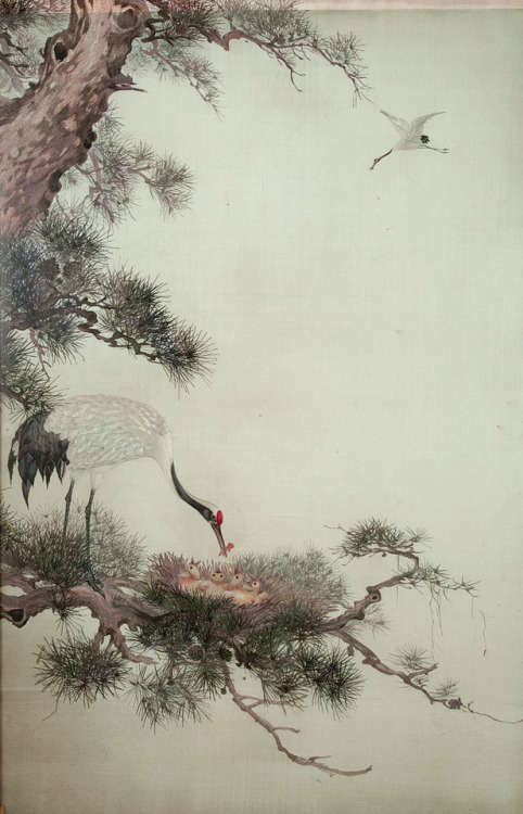 pinkstarlightcomputer:Unknown artist, Crane with chicks on a...