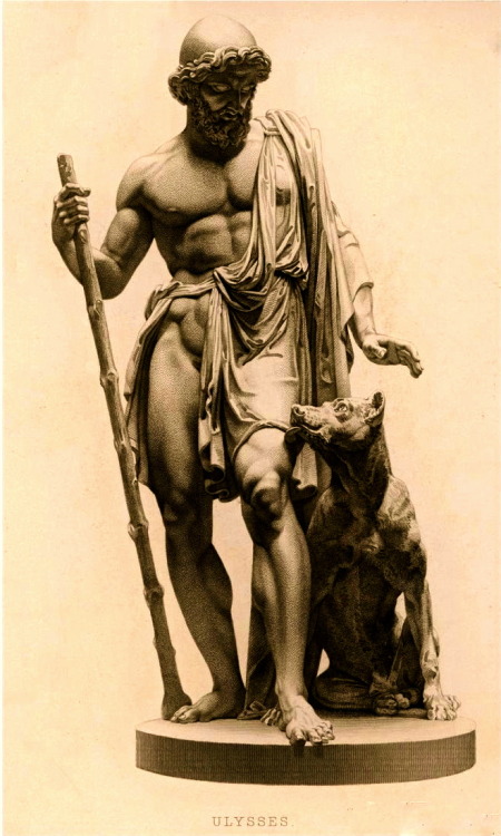 Ulises reconocido por su perro Argos.  Robert Brown  - Escuela de ingles.  activo entre 1836-1859.  grabado.