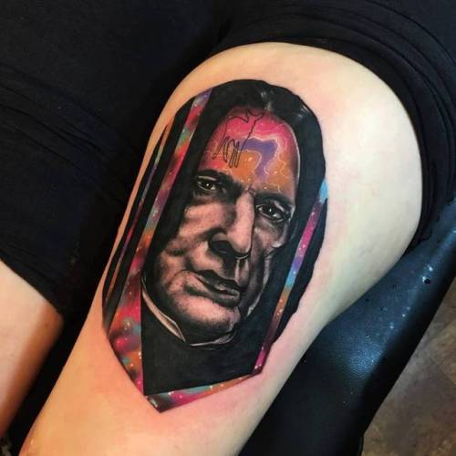 By Andrew Marsh · Little Andy, done at Church Yard Tattoo... film and book;fictional character;harry potter;big;thigh;facebook;twitter;portrait;littleandy;severus snape