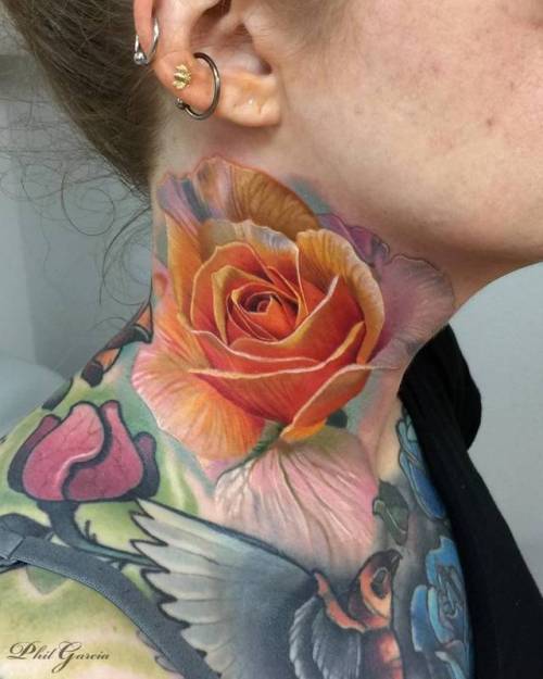 By Phil Garcia, done at Into the Woods Gallery & Tattoo... flower;philgarcia;rose;facebook;nature;realistic;twitter;medium size;neck