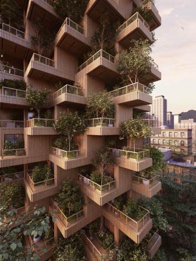 archatlas:<br /><br />Penda proposes Toronto Tree Tower built from cross-laminated timber modules<br /><br /><br />Plants and trees sprout from the modular units that make up this timber-framed high-rise, proposed by architecture firm Penda for Toronto. Penda, which has offices in China and Austria, collaborated with Canadian company Tmber for the Toronto Tree Tower project. They propose an 18-storey residential block that would stand 62 metres tall, with a modular structure made from cross-laminated timber (CLT).<br />Wood would also clad the building’s staggered walls, and trees would grow from the homes’ generous balconies. “Our cities are a assembly of steel, concrete and glass,” said Penda partner Chris Precht. “If you walk through the city and suddenly see a tower made of wood and plants, it will create an interesting contrast. The warm, natural appearance of wood and the plants growing on its facade bring the building to life and that could be a model for environmental friendly developments and sustainable extensions of our urban landscape,” he added.<br />