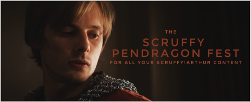 Image of Arthur Pendragon (Bradley James) with long hair and a sad expression and the title of the fest in red.