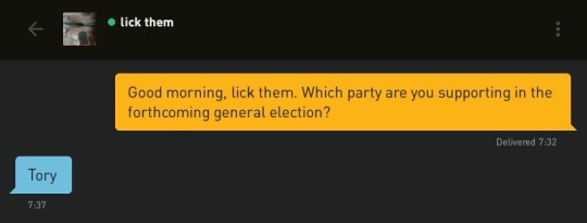 Me: Good morning, lick them. Which party are you supporting in the forthcoming general election?
lick them: Tory