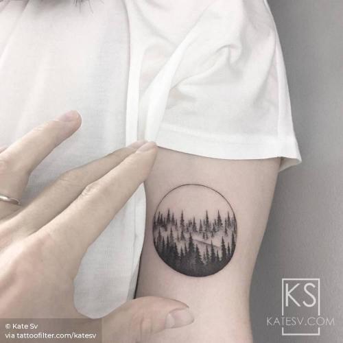 By Kate Sv, done in Manhattan. http://ttoo.co/p/33236 bicep;circle;facebook;forest;geometric shape;katesv;nature;single needle;small;twitter