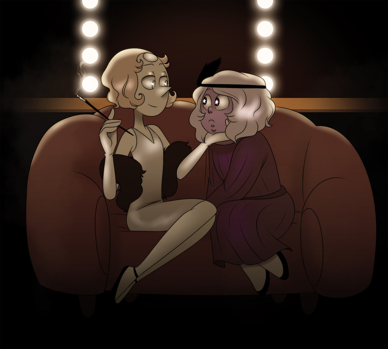 Pearlmethyst week prompt 2: 1920′s Pearl is some kind of jazz/night club singer and Amethyst is her fan that Pearl invites backstage. For smoochies. @annadesu @fuckyeahpearlmethyst