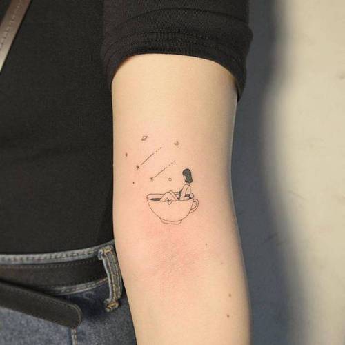 By Masa Tattooer, done in Seoul. http://ttoo.co/p/36217 coffee cup;surrealist;small;bicep;line art;masa;drink;tiny;coffee;kitchenware;ifttt;little;other;illustrative;fine line