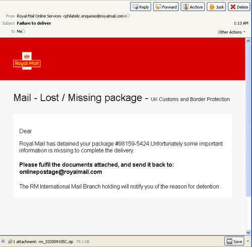 Threattrack Security Malicious Spam Alerts Royal Mail Lost Package Spam 0722