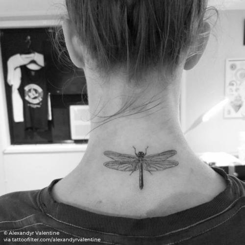By Alexandyr Valentine, done at The Painted Lady Tattoo Studio,... insect;small;single needle;dragonfly;animal;back of neck;facebook;twitter;alexandyrvalentine;illustrative