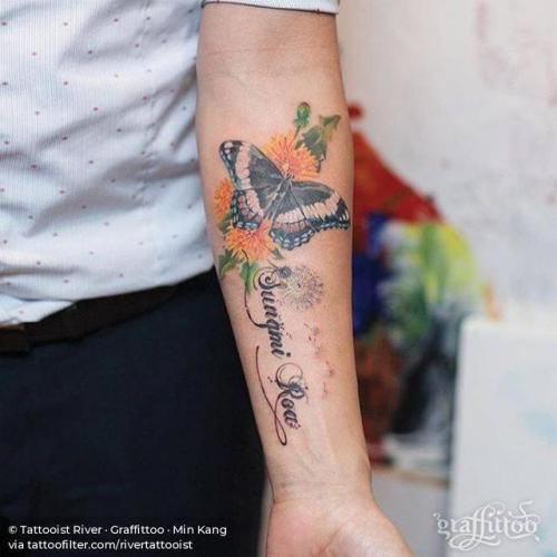 By Tattooist River · Graffittoo · Min Kang, done at Graffittoo,... flower;insect;dandelion;big;butterfly;animal;facebook;nature;twitter;rivertattooist;inner forearm;illustrative