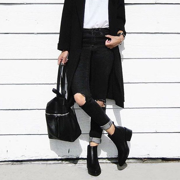 Fashion Enthusiast — Black coat Ripped Jeans Boots Backpack