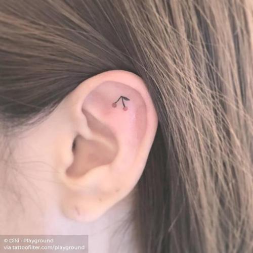 By Diki · Playground, done at Playground Tattoo, Seoul.... cherry;small;micro;playground;tiny;food;ifttt;little;nature;minimalist;fruit;ear