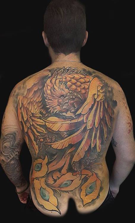 By Ramiro Blanco Gamboa, done at Homeless Tattoo Club, Buenos... backpiece;big;facebook;mythology;neotraditional;phoenix;ramiroblanco;twitter