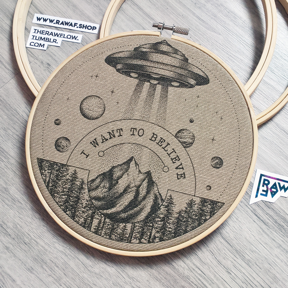 “I want to believe” - dotwork UFO illustration printed on canvas, framed in 19 cm bamboo embroidery hoop. Design by raw, order at raw af — Immediately post your art to a topic and get feedback. Join our new community, EatSleepDraw Studio, today!