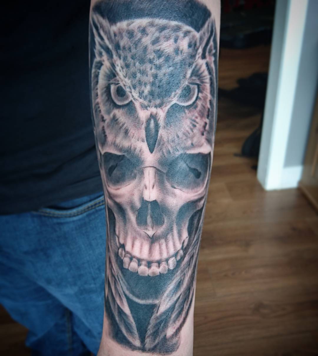 Drew Govan Wee Owl And Skull On The Forearm From The Other